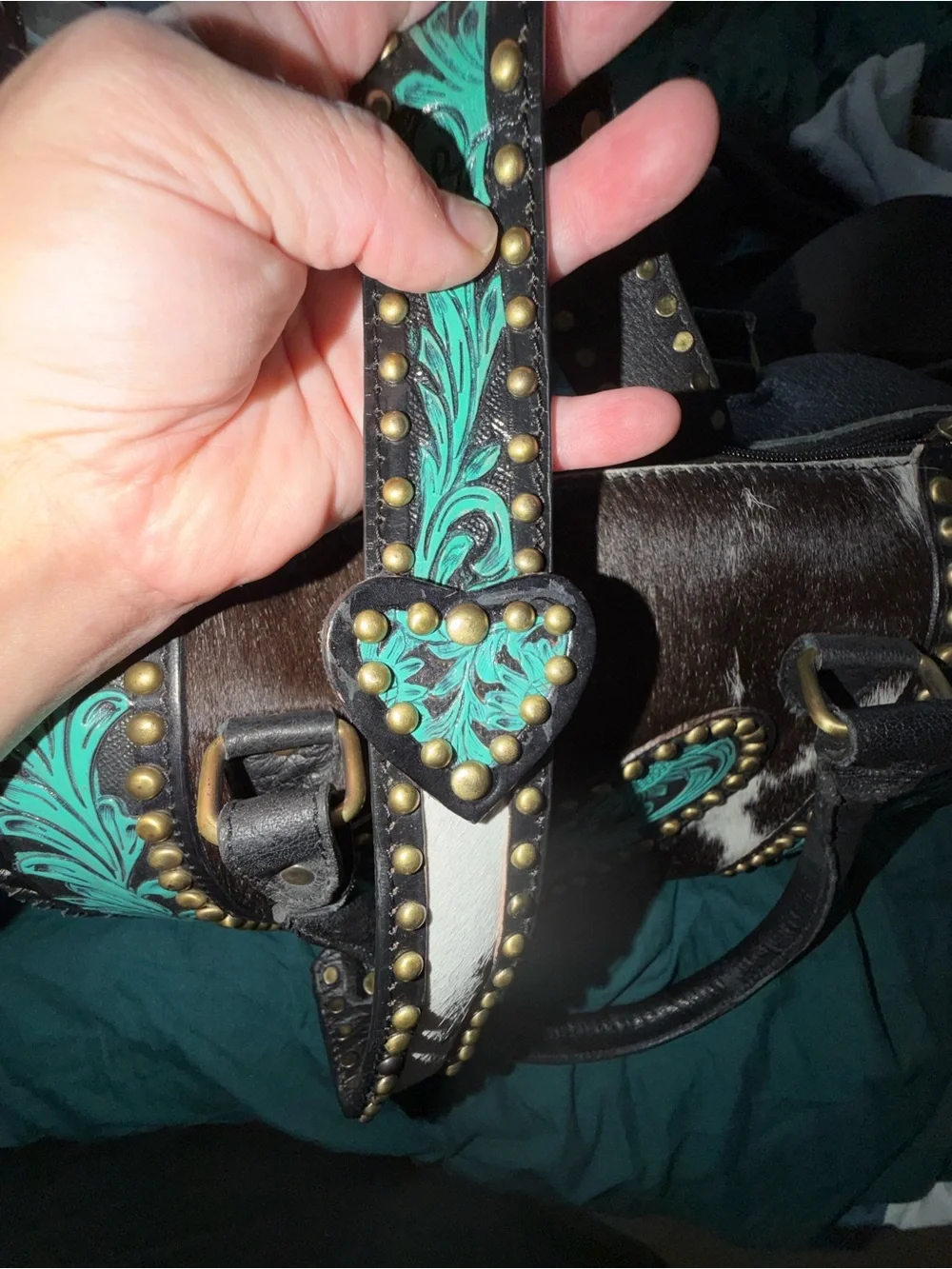 Women's Turquoise Floral Heart Accent Cowhide Satchel Bag